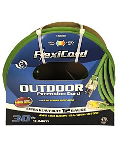 30' Outdoor Extension Cord – SJEOOW 12/3 – Lighted Single Outlet – Green