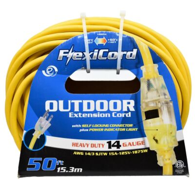 50' Outdoor Extension Cord – SJTW 14/3 – Single Tap – Yellow
