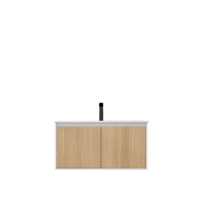Presenza Dahlia 36" White & Natural Oak Wall-Mount Bathroom Vanity with Ceramic Top – Single Hole – Pre-Assembled