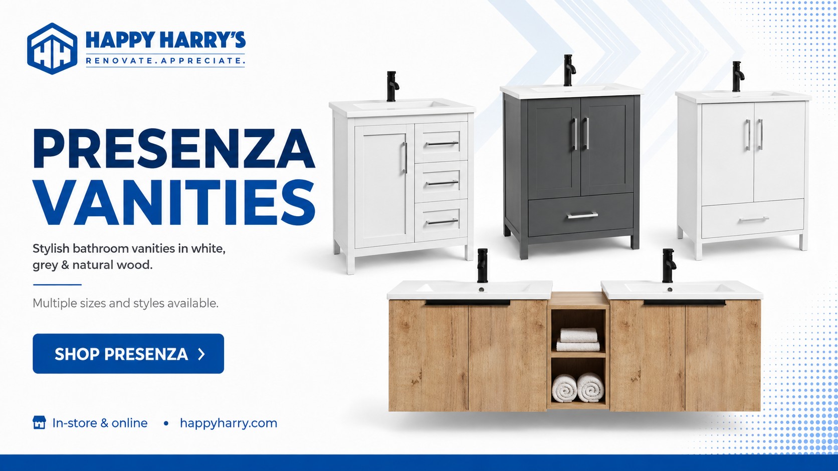 Presenza bathroom vanities at Happy Harry's